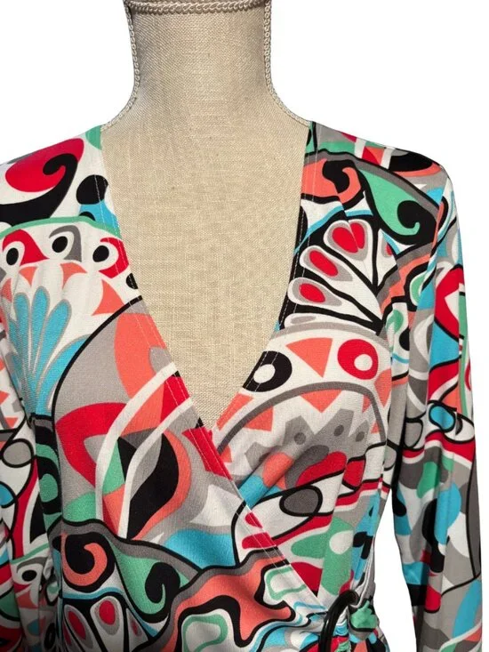 Savvy Studio Faux Wrap Top L Abstract Print Surplice Blouse 3/4 Sleeve Retro - Picture 2 of 7